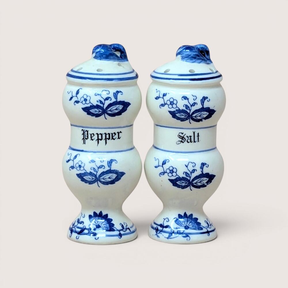 1980s Watkins Blue Onion Ceramic Salt and Pepper Shakers